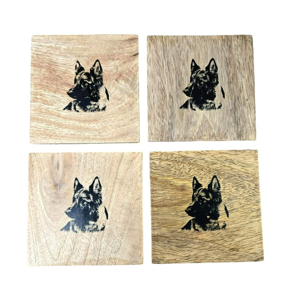 Handcrafted Wooden Coasters Set Of 4 With German Shepherd Dog GSD Print 4x4